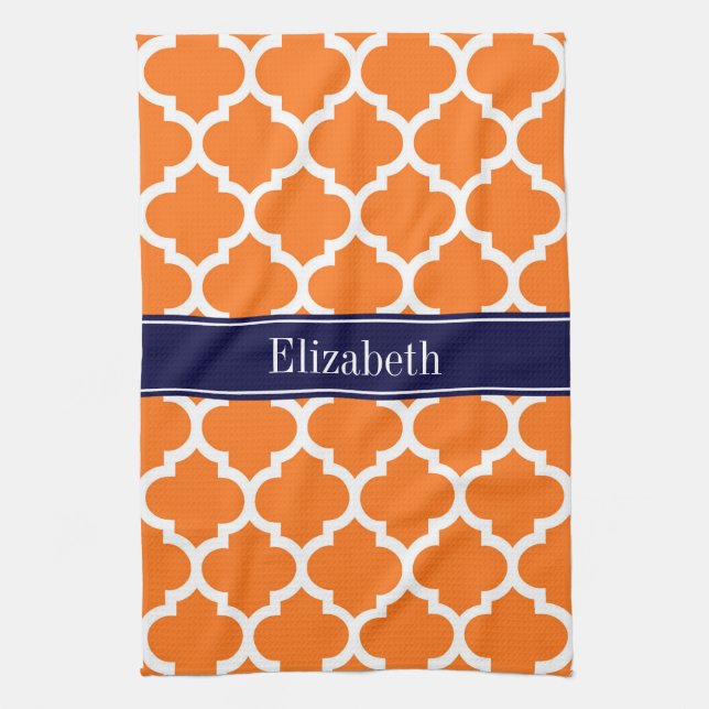 Pumpkin Wht Moroccan #5 Navy Blue Name Monogram Tea Towel (Vertical)