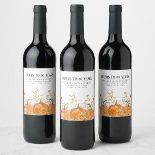 Pumpkin Wildflower 80th Birthday Personalised Wine Label
