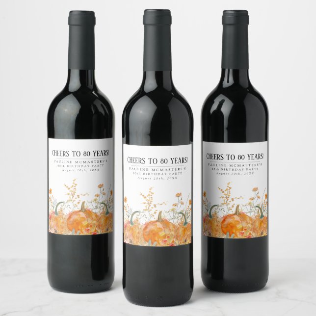 Pumpkin Wildflower 80th Birthday Personalised Wine Label (Bottles)