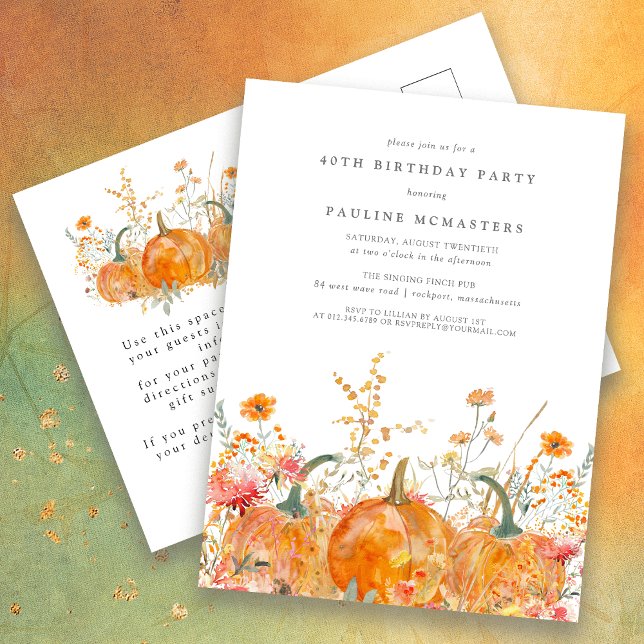 Pumpkin Wildflower Fall 40th Birthday Party  Invitation Postcard (Creator Uploaded)