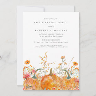 Pumpkin Wildflower Fall Watercolor 45th Birthday  Invitation