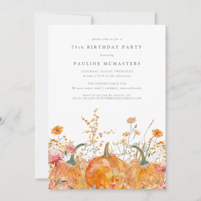 Pumpkin Wildflower Fall Watercolor 75th Birthday  Invitation (Front)