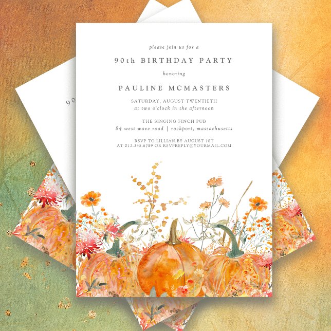 Pumpkin Wildflower Fall Watercolor 90th Birthday  Invitation (Creator Uploaded)
