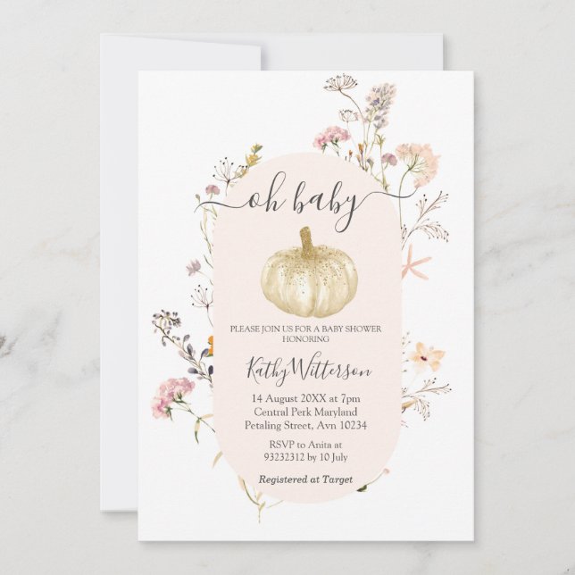 Pumpkin Wildflower Watercolor Baby Show Invitation (Front)