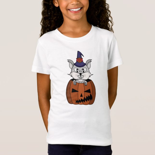 Pumpkin Witch Cat on Halloween T-Shirt (Front)