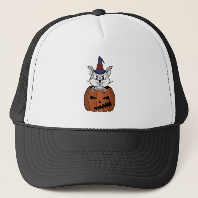 Pumpkin Witch Cat on Halloween Trucker Hat (Front)