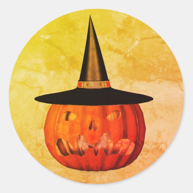 Pumpkin Witch Hat Halloween Funny  Classic Round Sticker (Front)