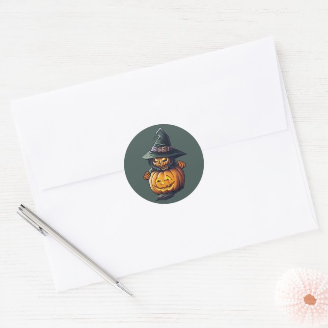 Pumpkin witch in cat costume -  classic round sticker (Envelope)