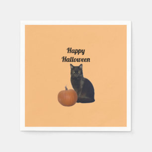 Pumpkin with Black Cat Happy Halloween Orange  Napkin