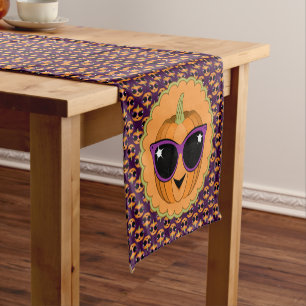 Pumpkin with Cool Retro Cat Sunglasses Halloween Short Table Runner