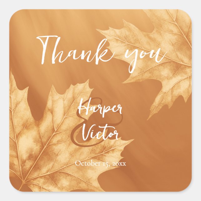 pumpkin with maple leaves accent fall wedding square sticker (Front)