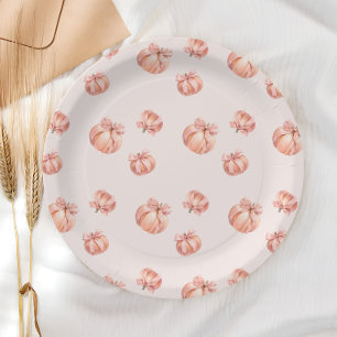 Pumpkin with Pink Bow Girl Baby Shower Paper Plate