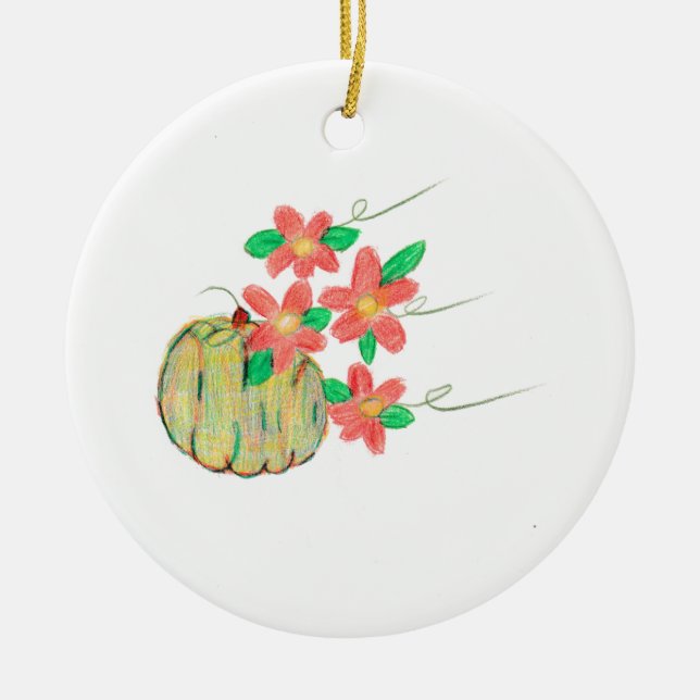 Pumpkin with Red Flowers Ceramic Tree Decoration (Front)