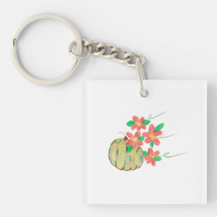 Pumpkin with Red Flowers Key Ring