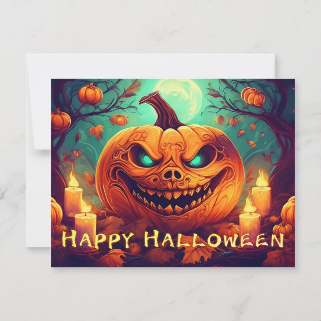 Pumpkin with Scary Face Among Candles, Halloween (Front)