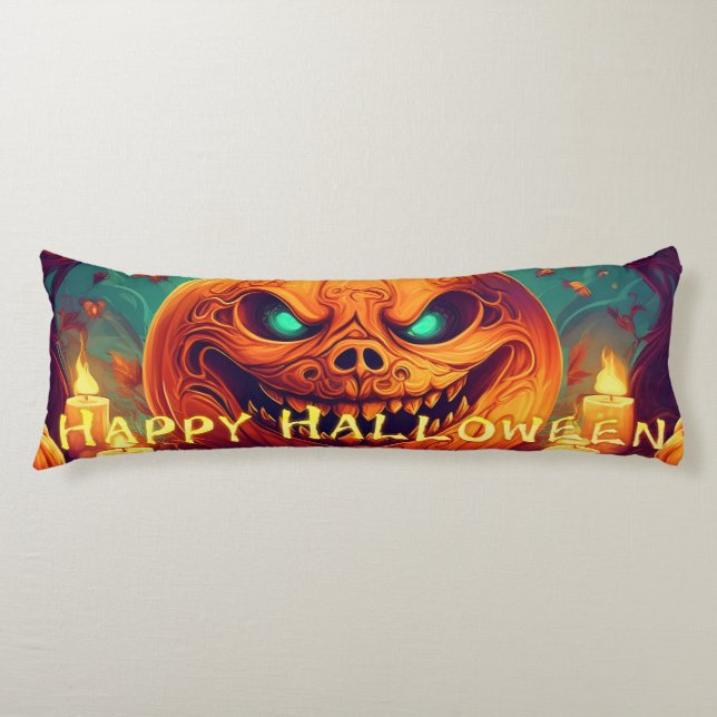 Pumpkin with Scary Face Among Candles, Halloween Body Cushion (Front)