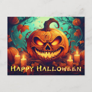 Pumpkin with Scary Face Among Candles, Halloween Holiday Postcard