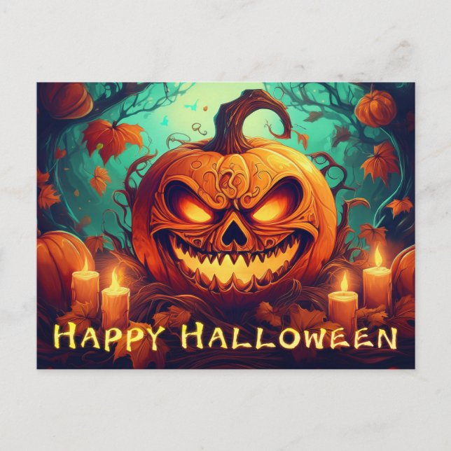 Pumpkin with Scary Face Among Candles, Halloween Holiday Postcard (Front)