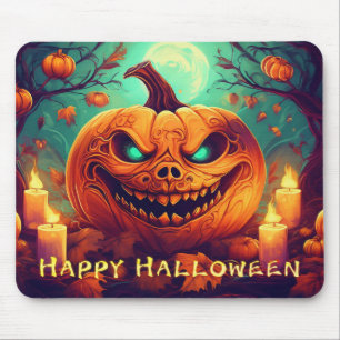 Pumpkin with Scary Face Among Candles, Halloween Mouse Pad