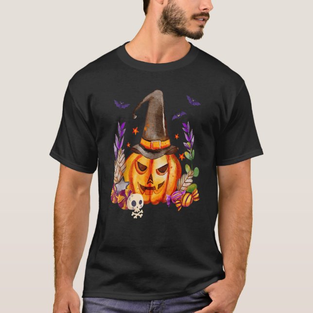 Pumpkin With Skull Witch Hat And Bats Halloween Me T-Shirt (Front)