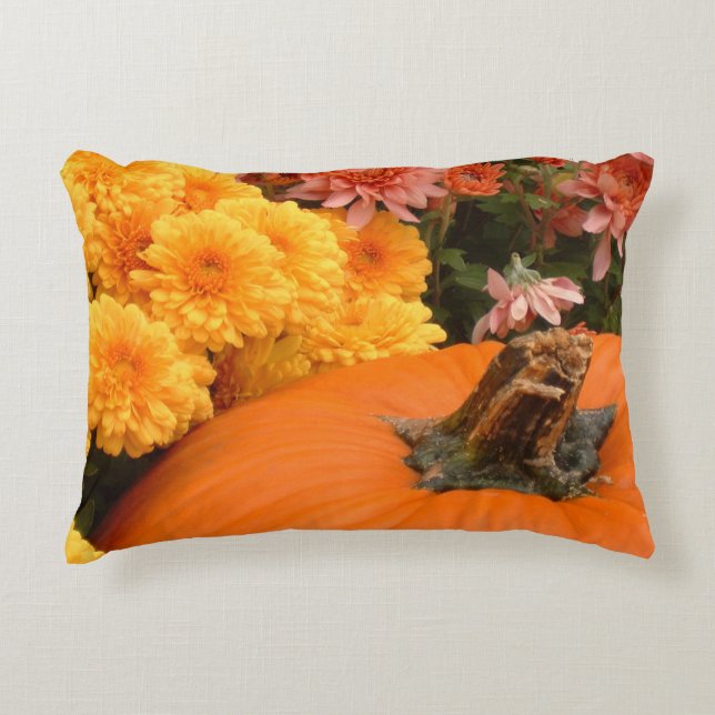 Pumpkin With Yellow And Coral Mums Decorative Cushion (Front)