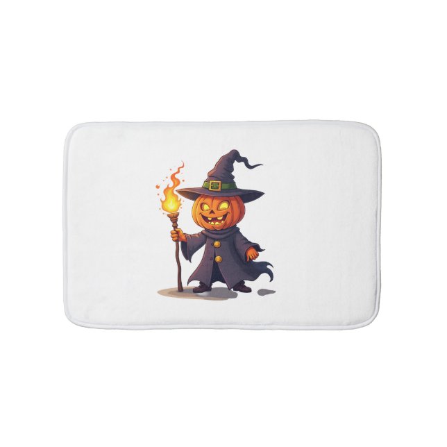 Pumpkin Wizard – Magical Halloween Sorcerer Tee Bath Mat (Front)