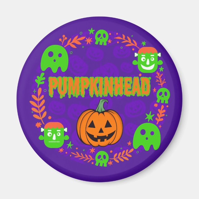 Pumpkinhead Orange and Green With Fancy Circle Magnet (Front)