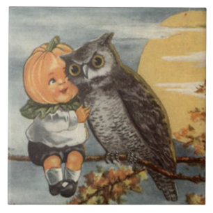 Pumpkinhead Owl Full Moon Tree Pumpkin Tile