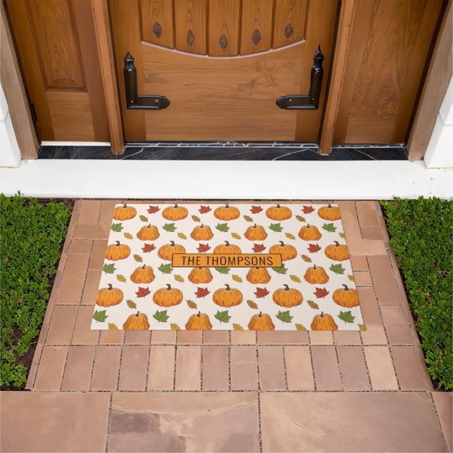 Pumpkins And Autumn Leaves Pattern & Family Name Doormat (Outdoor)