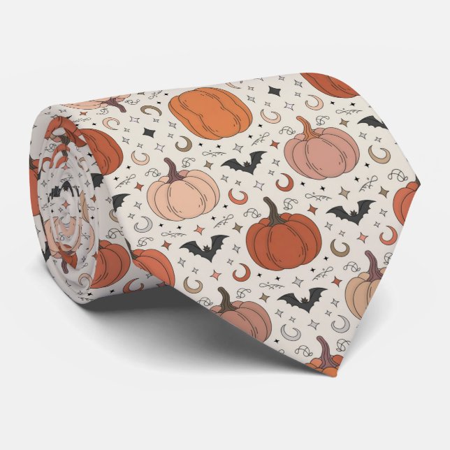 Pumpkins and Bats Halloween Pattern Tie (Rolled)
