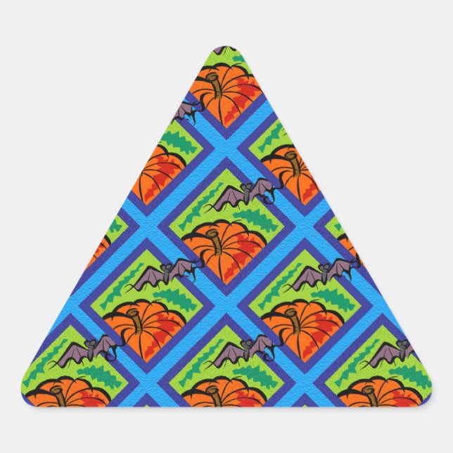 Pumpkins and Bats in Patterns Triangle Stickers (Front)
