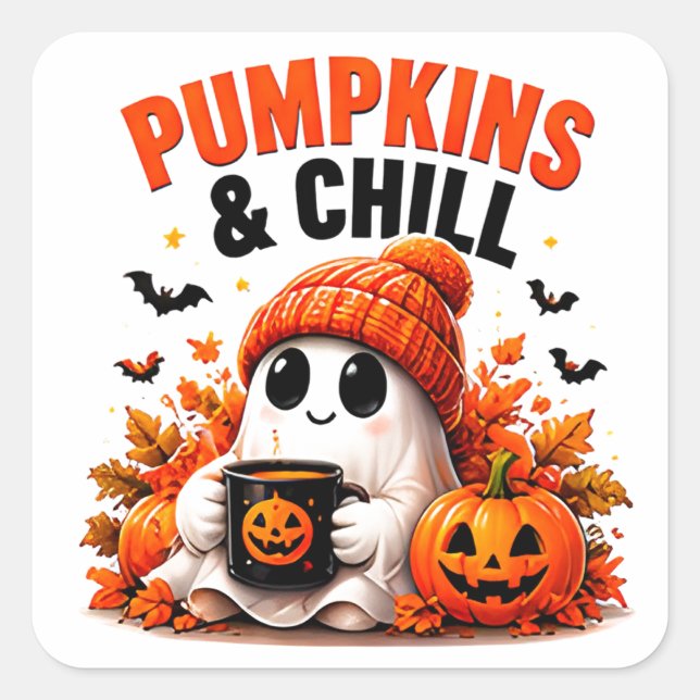 Pumpkins And Chill Funny Ghost Cosy Autumn Square Sticker (Front)