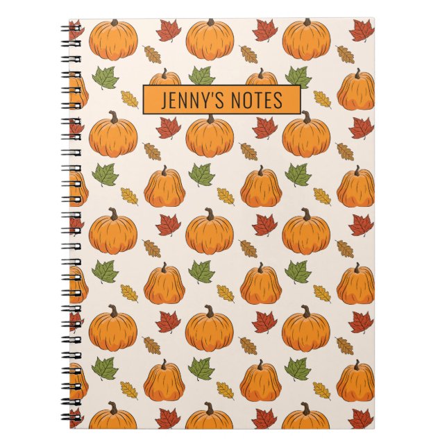 Pumpkins And Colourful Autumn Leaves Pattern & Tex Notebook (Front)