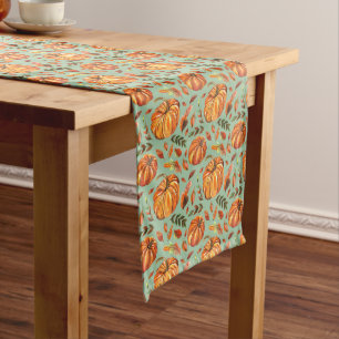 Pumpkins and Fall Leaves Sage Green Medium Table Runner