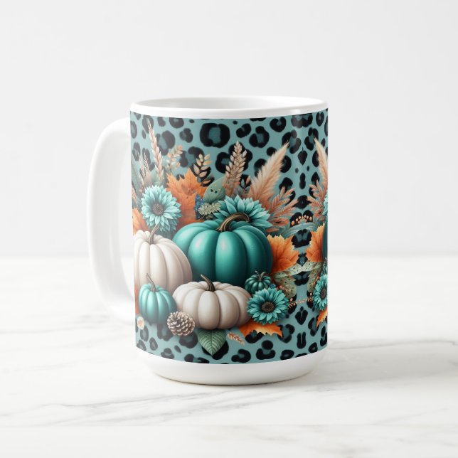 Pumpkins and Flowers on Leopard Print Coffee Mug (Front Left)