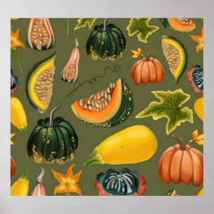 Pumpkins and Leaves: Autumn Greenery Poster