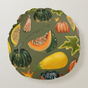 Pumpkins and Leaves: Autumn Greenery Round Cushion