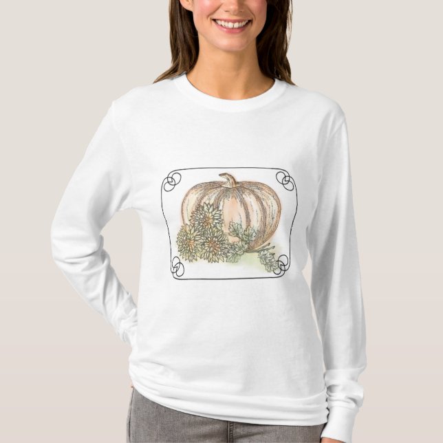 Pumpkins and Mums Fall floral T-Shirt (Front)