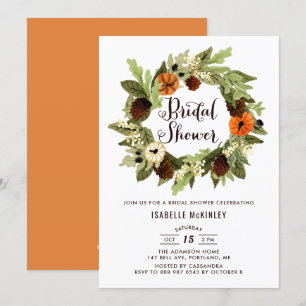 Pumpkins and Pinecones Wreath Fall Bridal Shower Invitation