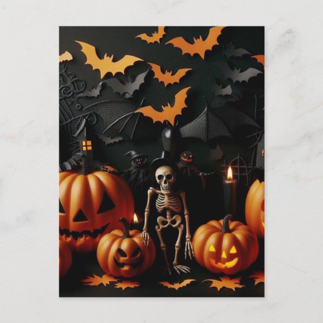 Pumpkins and skeleton postcard (Front)