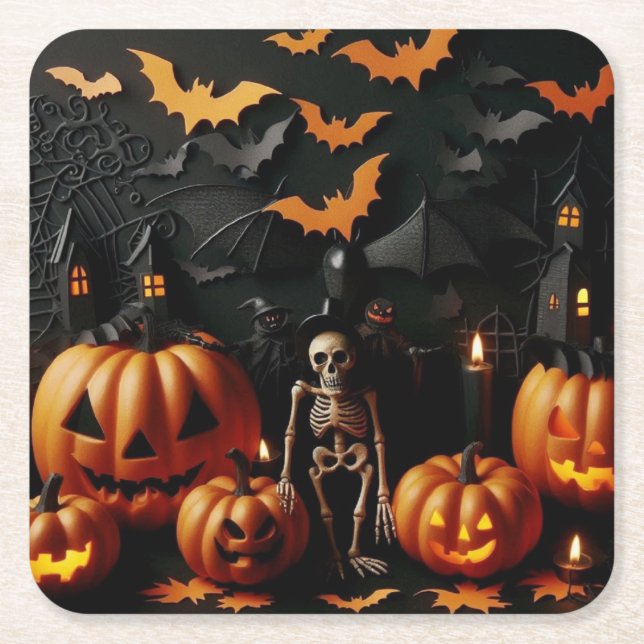 Pumpkins and skeleton square paper coaster (Front)