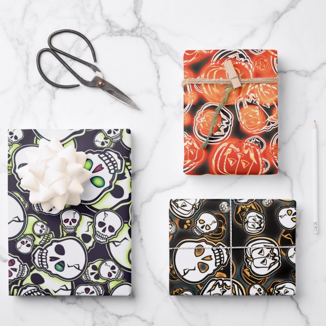 Pumpkins and Skulls Wrapping Paper Sheet (Front)