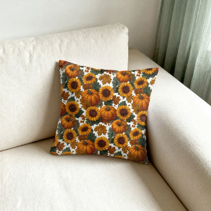 Pumpkins and Sunflowers Autumn Pattern Cushion