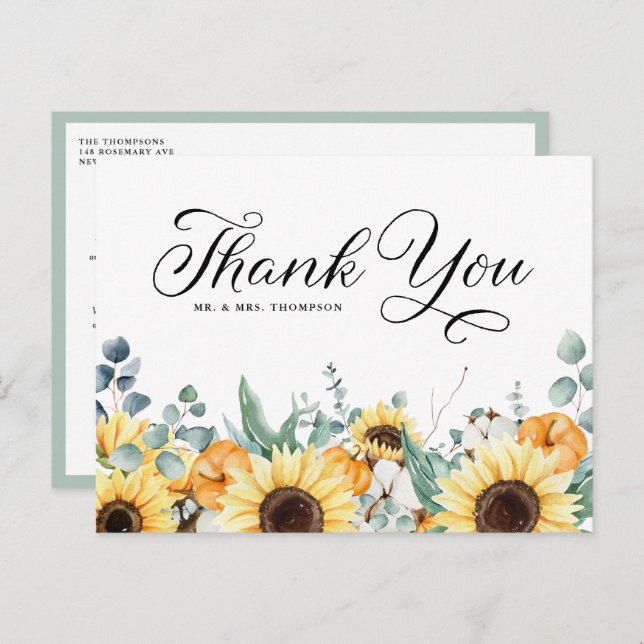 Pumpkins and Sunflowers Fall Wedding Thank You Postcard (Front/Back)