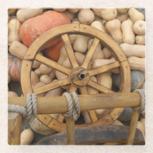 Pumpkins and Wheel of the rural wooden cart Glass Coaster