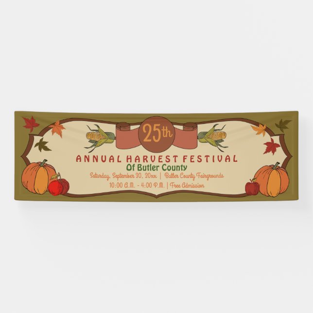 Pumpkins Apples Corn Leaves Fall Harvest Festival Banner (Horizontal)