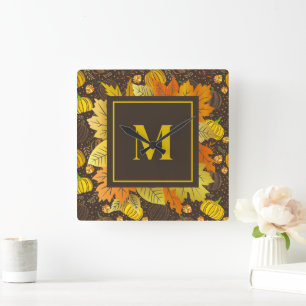 Pumpkins Autumn Fall Harvest Pattern Square Wall Clock