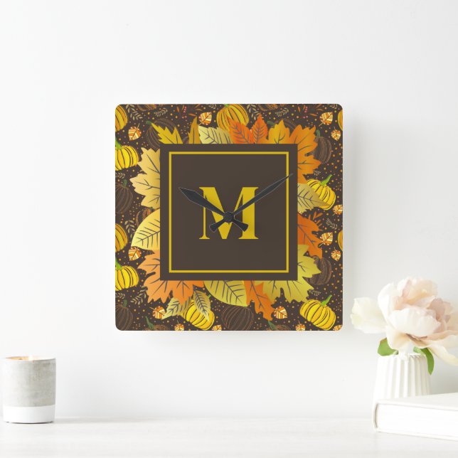 Pumpkins Autumn Fall Harvest Pattern Square Wall Clock (Home)