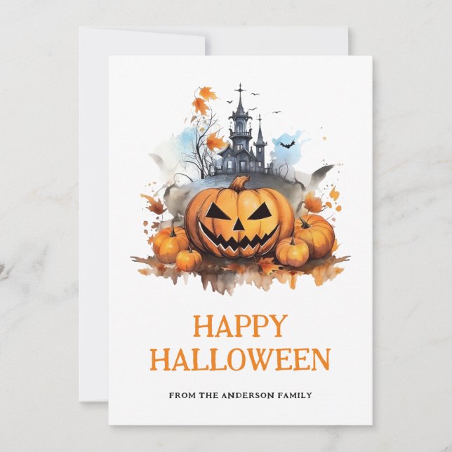 Pumpkins Bats Haunted Mansion Happy Halloween Holiday Card (Front)