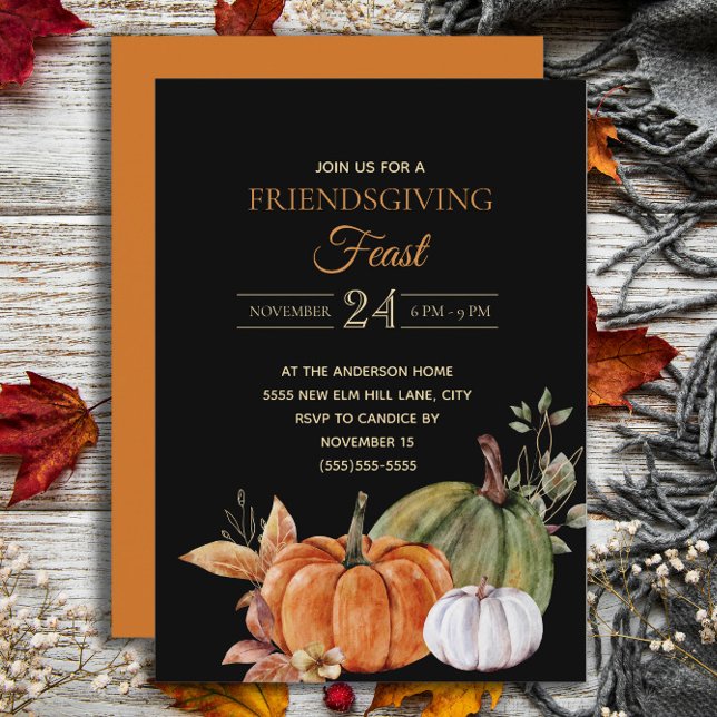 Pumpkins Black Friendsgiving Feast   Invitation (Elegant orange and white pumpkins on black Friendsgiving Feast invitation)
